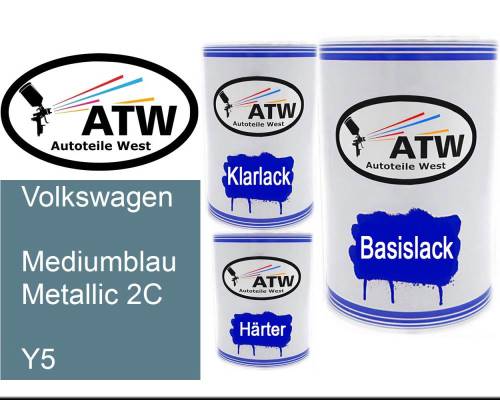 Volkswagen, Mediumblau Metallic 2C, Y5: 500ml Lackdose + 500ml Klarlack + 250ml Härter - Set, von ATW Autoteile West.